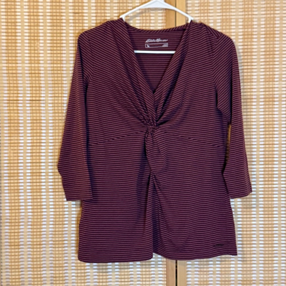 Eddie Bauer Striped Twist Front V-Neck Top Burgundy Pink 3/4 Sleeve Large Casual